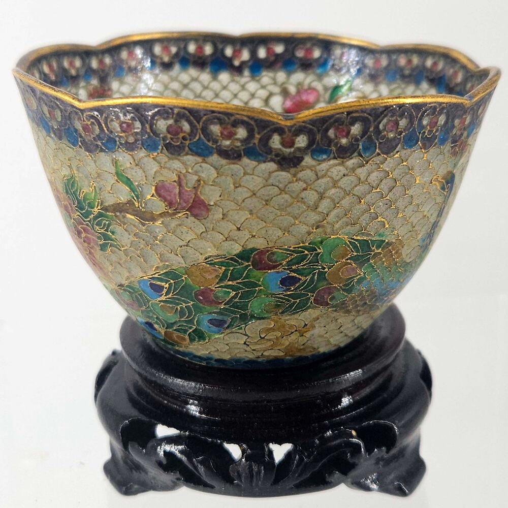 Vintage Chinese Plique A jour Cloisonne cup dish wood stand Peacock floral